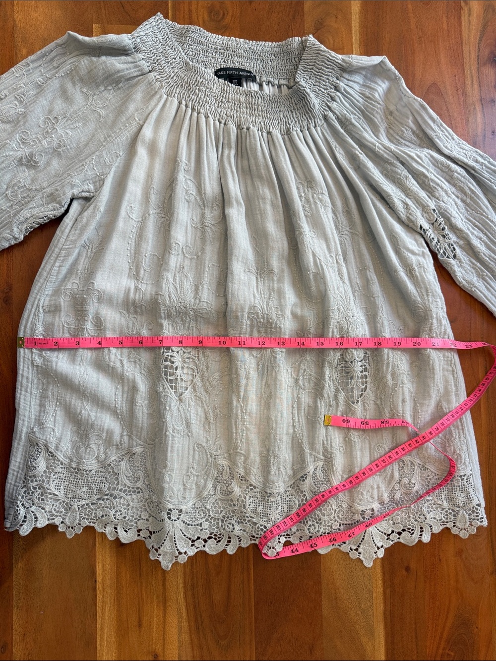 Saks Fifth Avenue Light Gray Lace-Trim Smocked Peasant Tunic - Picture 9 of 13